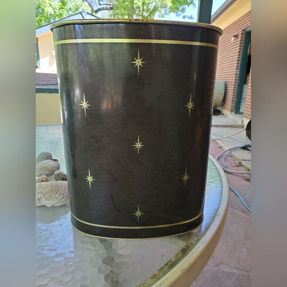 Mid Century atomic starburst motif metal trash can